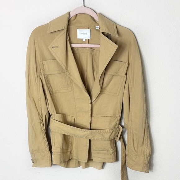 Vince Belted Linen Blend Jacket in Tan Beige Size XXS - Picture 5 of 16